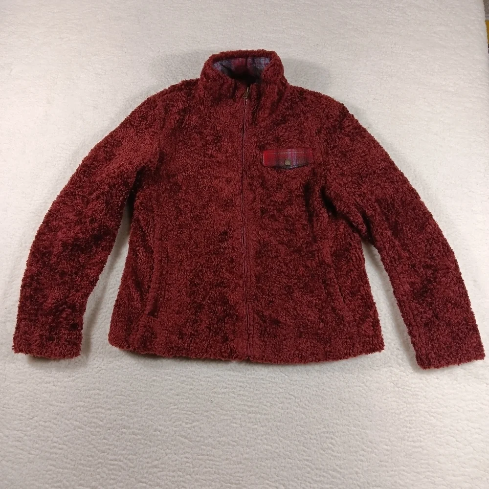 Pendleton Jacket Womens Medium Maroon Fuzzy Zip Sherpa Wool Teddy Deep Pile - Picture 2 of 12